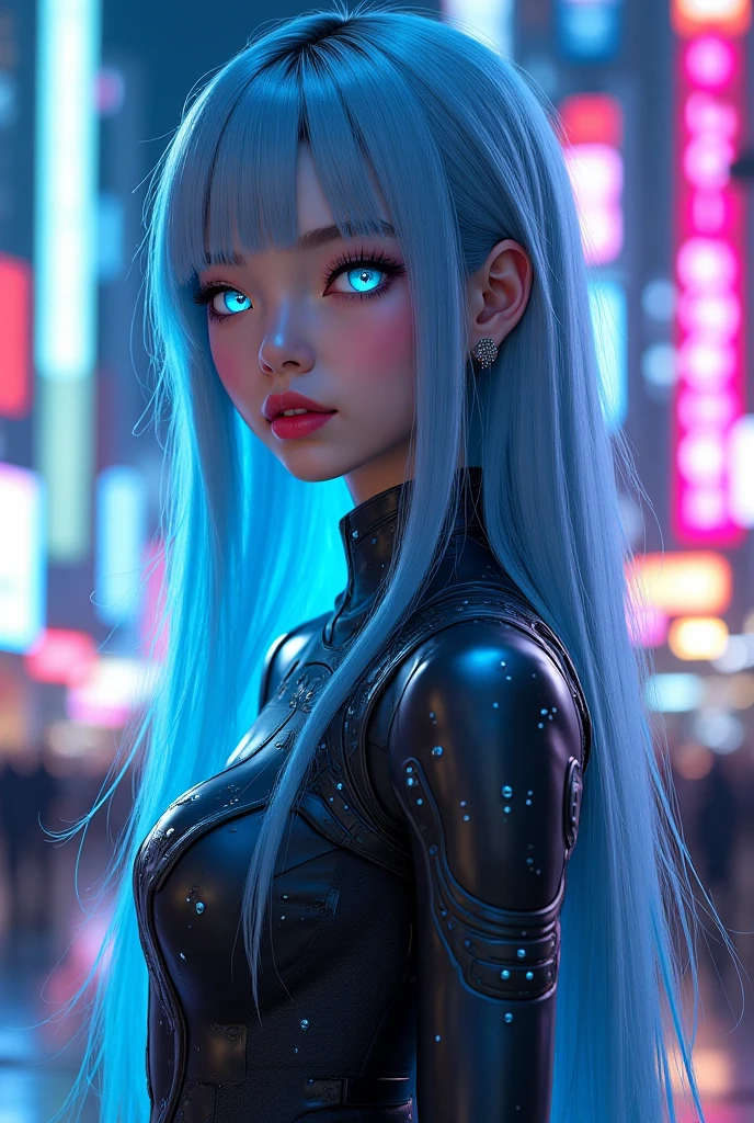 (((Perfect Portrait shot of Girl))), ((extremely long flowing curly fluorescent cyberpunk hair)), best image quality, masterpiece, super high resolution, (fidelity:1.4), photo, (((1 girl))) dim, darkness, movie, (translucent futuristic black outfit and clothes:1.5), (translucent clothes:1.4), ((cyberpunk)), cyber gear, ((robot)), apocalypse, futuristic, (((overly large hanging breasts))), ((perfect and sharp facial features ((portrait)), (((dynamic shot))), ((perfect body)), ((award winning super realistic photo)), (((extremely tight reflective shiny translucent latex))), textured pastel color background, colourful, vibrant, ((gorgeous perfect multicoloured reflective eyes))