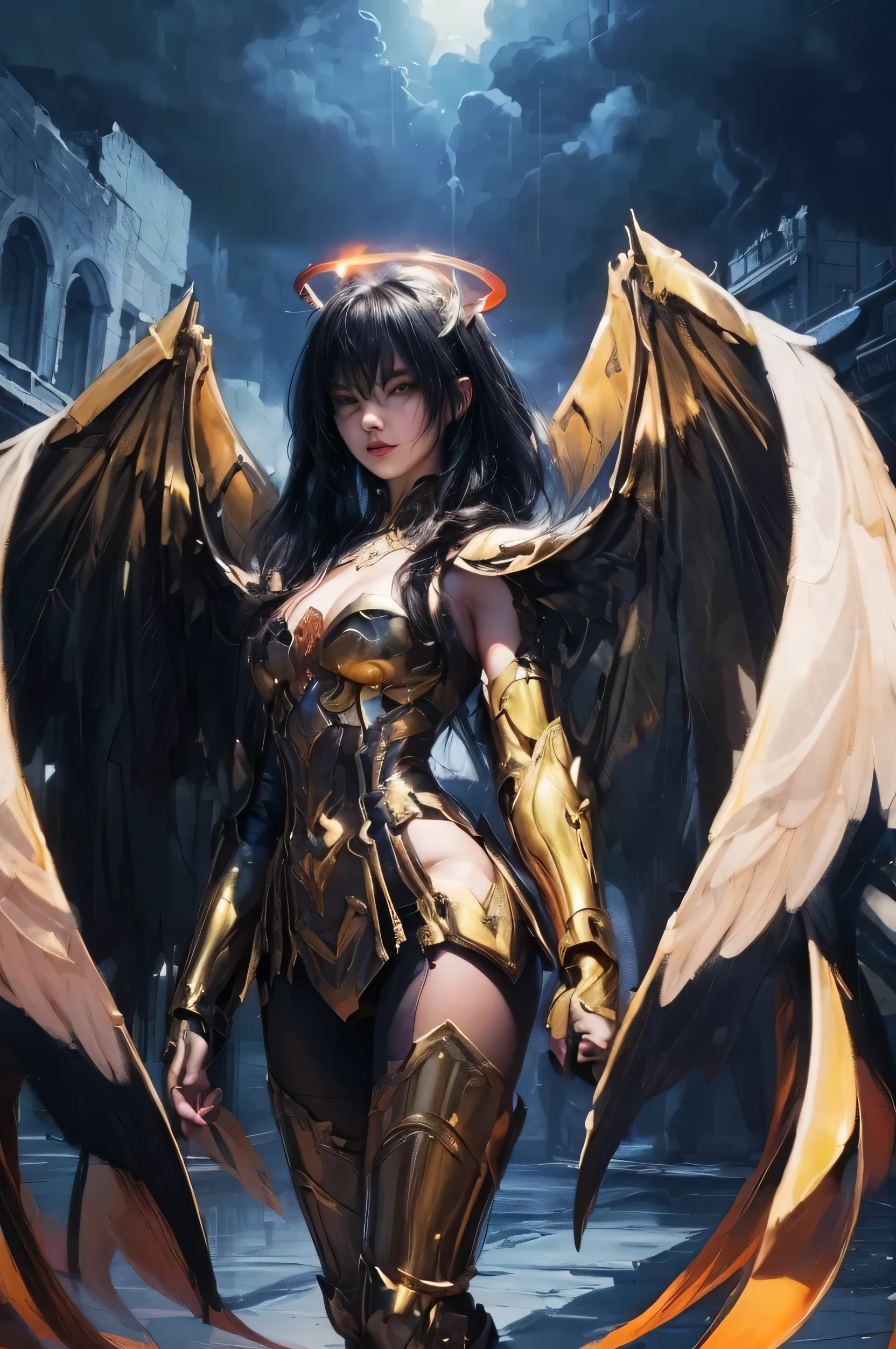 (masute piece,A high resolution,precise drawing,high-detailed rendering), profile, Very cute Japan girl with Zodiac armor、14years old、,Black Long Hair,wings of light,(Sacred Effects:1.5),flat chest, skinny,use magic at ancient ruins、in fighting