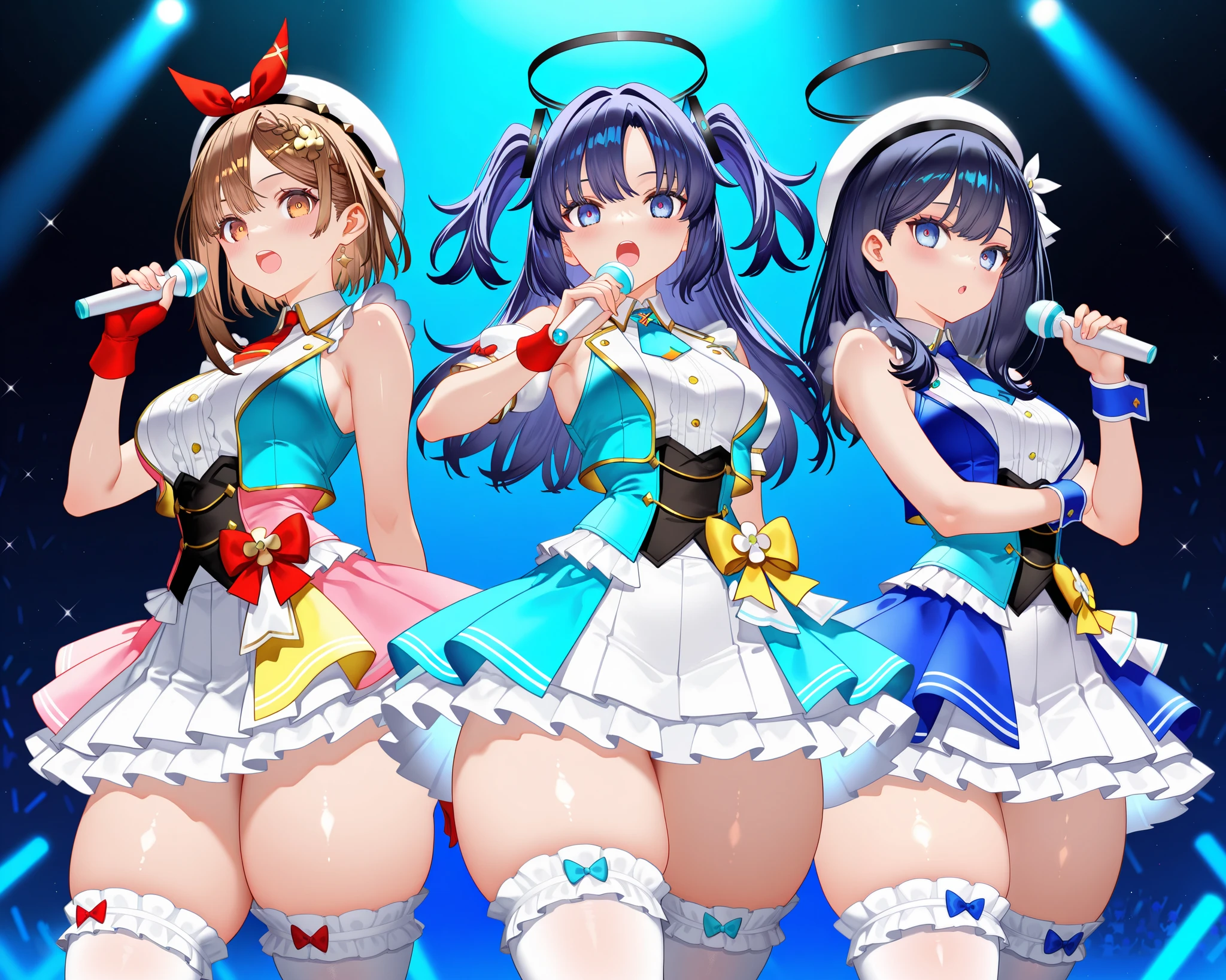 ((masterpiece、Highest quality、Official Art、Unity 8ｋwallpaper))、snap shot、Idol Concert、Concert Stage、(3 to 5 cute naked girls、12 years old、smile、Sing with a microphone、dance、Ribbon headband、Ultra mini skirt:1.2、Idol Costumes:1.2 )、Exposing the breasts、Hair of different colorr.々Hair style、(((Full nudity、Pussy、cute)))、(Sweat a lot、Glowing Skin)、Anime key visual, ((The characters are unique))