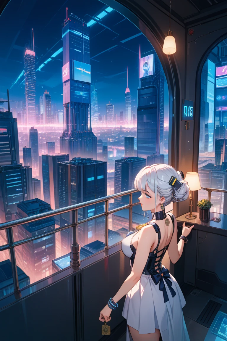 (((masterpiece)))、(((top-quality)))、((ultra-definition))、(High Definition CG Illustration)、((extremely delicate and beautiful))、Anime girl overlooking the city of the future,Rear、Cinematic Light、2080s、animesque、girl with、trending on artstationh、Rachel Walker、