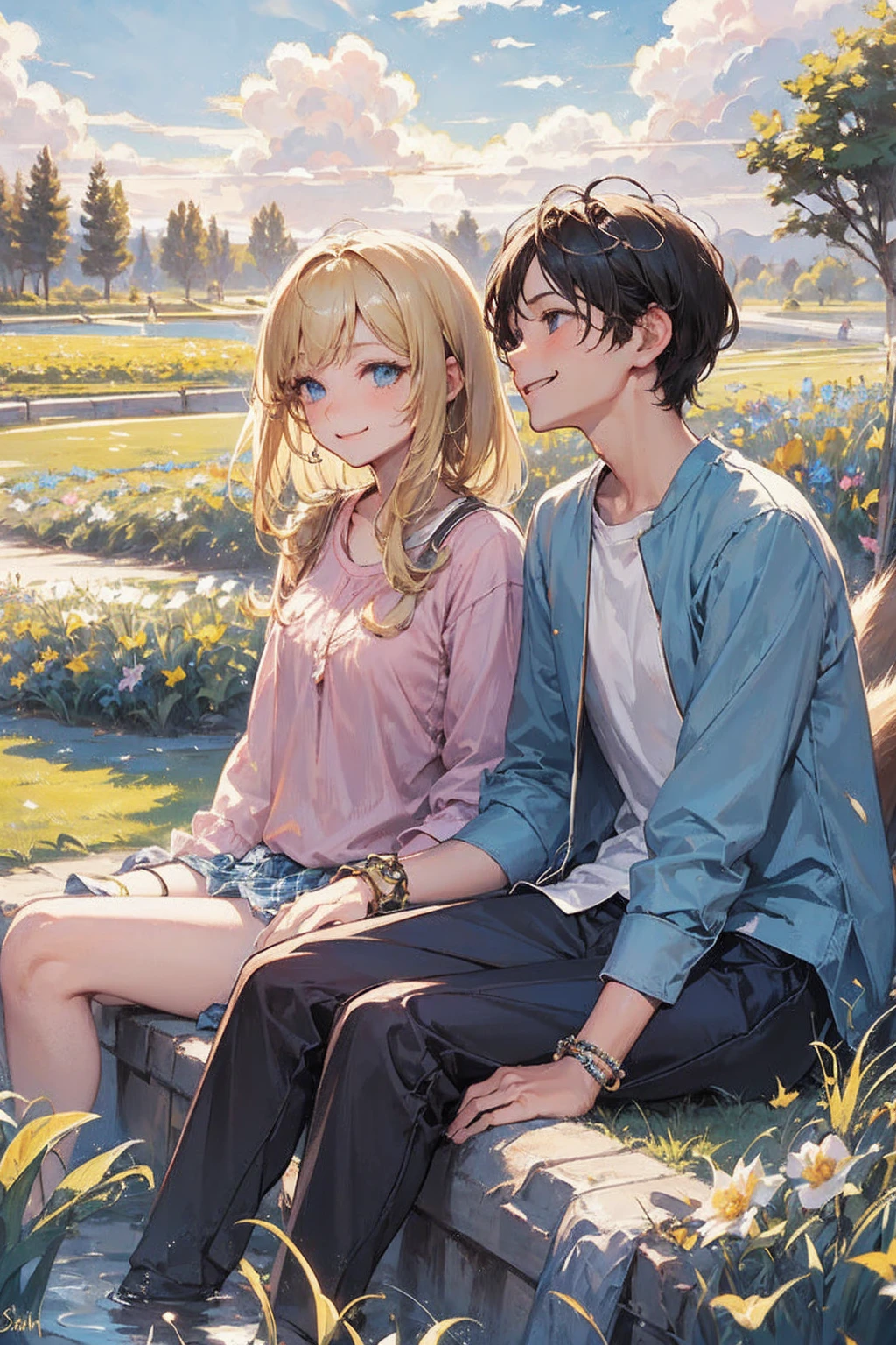 (Highest quality、High resolution), A young boy is confessing his feelings to an older woman. The older woman has a smile that is a mixture of amusement and affection., Her expression is teasing、Not cruel. She raised her eyebrows a little、Staring at the boy with a playful expression。, Intelligent smile, To tell "Stupid, You are too young." The background is simple、, Intimate atmosphere, Park benches and quiet streets. The overall atmosphere is bright and warm., Capture the humor and kindness of the moment. Browsing Caution