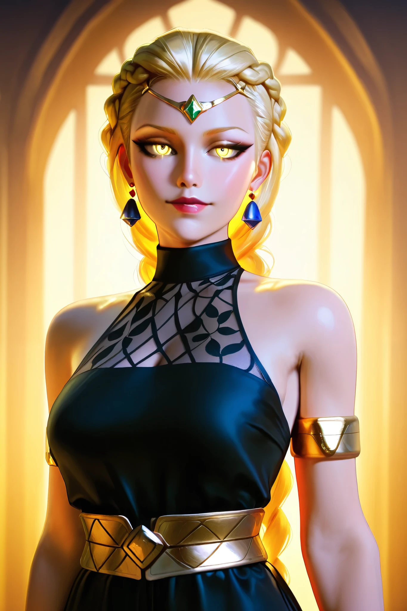 HDR, 8K, high contrast, masterpiece, best quality, amazing quality, very aesthetic, anime artstyle, realistic, hentai art, newest, (artist:incase:0.5), (artist:tsuaii:0.5) ,
BREAK
shiej007, bounce light, hyperdetailed, detailed hair strands, detailed fibers,
portrait, masterpiece, semi-realism,painterly, vivid colors, 3d, realistic, queen marika the eternal, 1girl, armlet, armpits, black background, black dress, blonde hair, braid, braided ponytail, breasts, circlet, cleavage, closed mouth, dress, gold armlet, gold circlet, hair over one eye, jewelry, large breasts, lips, long hair, looking at viewer, sleeveless, sleeveless dress, solo, very long hair, yellow eyes
