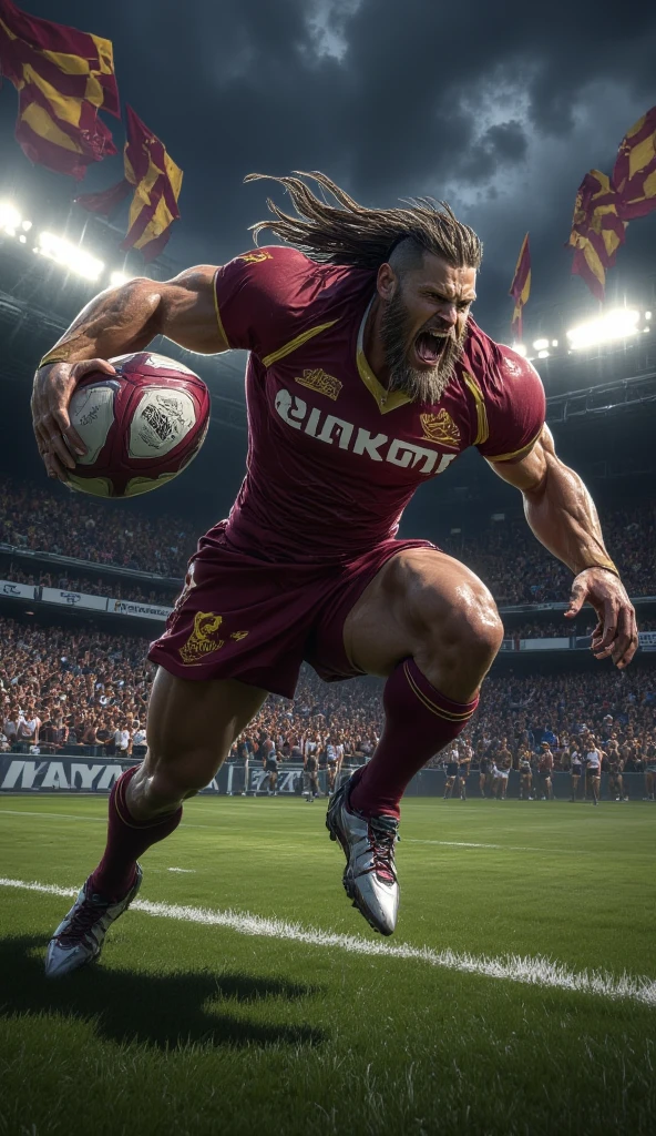 A handsome man in a Rugby uniform standing in a colosseum stadium, participating in a summer Olympic sports event called "Rugby". ((Golden ration facial features:1.6)) He has a detailed face and eyes, muscular body type; large muscular legs with a small waist and broad shoulders. wearing cleats on his feet, he also has detailed rugby armor knee pads and shin guards. the image is a realistic, sports magazine style photograph with the male subjects in motion,8k, masterpiece, ultra-detailed, physically-based rendering, studio lighting, vivid colors, dramatic lighting, cinematic, epic, fantasy, intricate details, highly atmospheric, dramatic composition