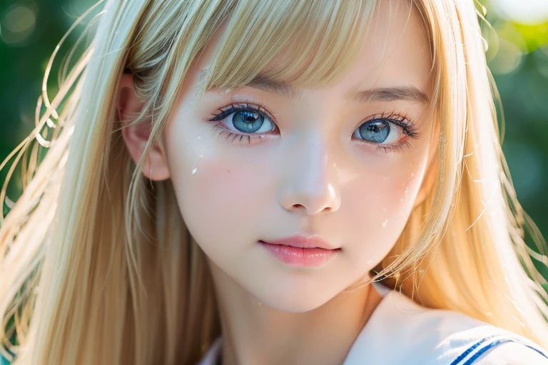 RAW Photos、((((Extremely beautiful portrait)))、(((Bright and fair skin))、1 girl、、Sailor suit、A pretty 15-year-old blonde girl、((Glossy natural blonde))、Super long straight hair、Beautiful Bangs、[Attractive bright light blue eyes]、Smooth, thin and super long hair、Eyeliner、Hair between the eyes、smile、((masterpiece、最high quality、Ultra Detail、Film Light、Intricate details、High resolution、8k、Very detailed))、Detailed Background、8k UHD、Digital SLR、Soft Light、high quality、Film Grain、Fujifilm XT3、Shallow depth of field、Natural light、(Perfect hands)、Perfect beautiful face、Small Face Beauty、round face、Cheek gloss highlighter