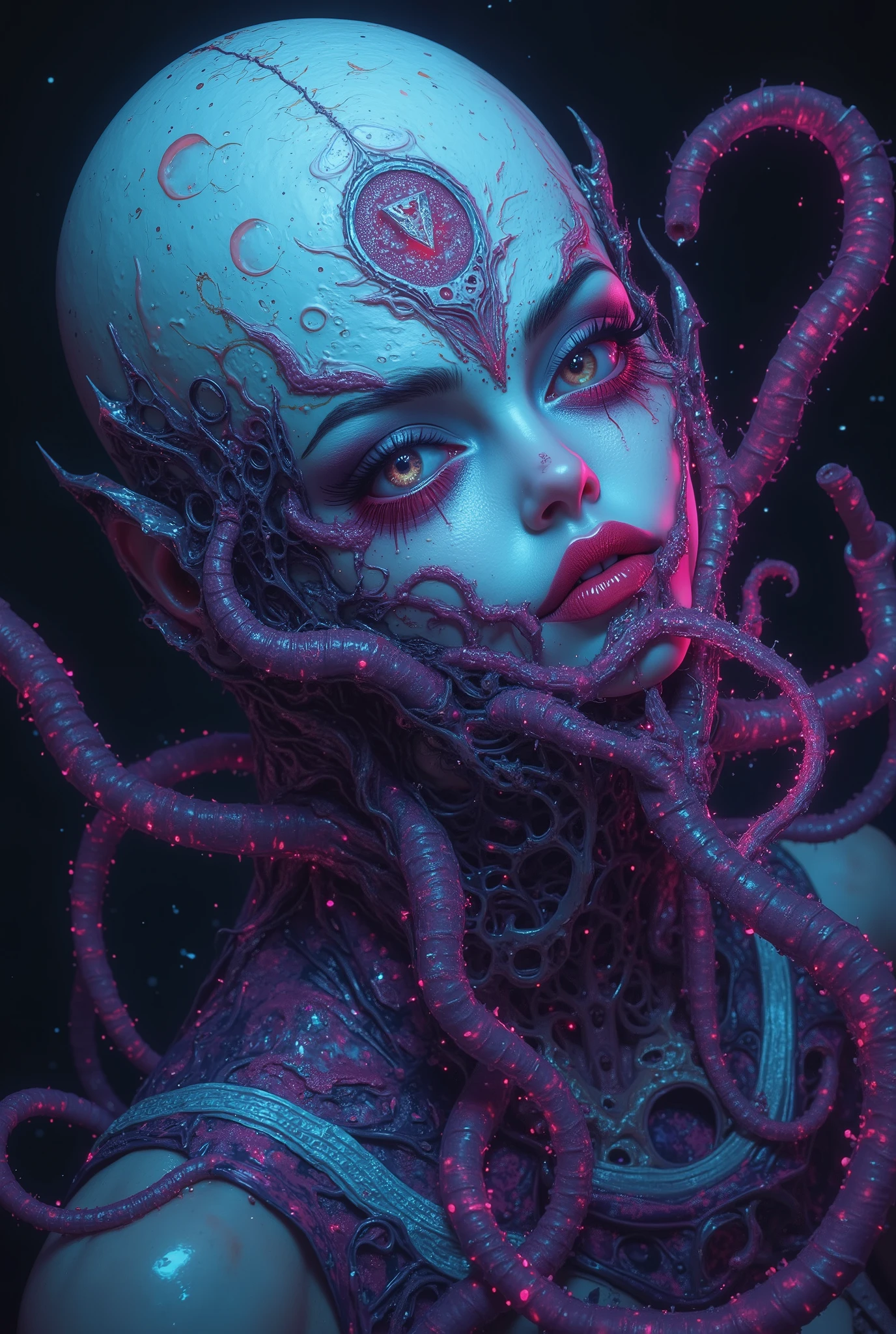 iridescent eyes, scary and sexy detailed art in color, Portrait, (beautiful and obscene female alien:1.4), (vulgarity1.7), (Translucent white skin:1.4), (There is a female genital-like organ in the middle of the forehead:2.3), (The most beautiful face in the history of the universe:1.2), an evil gaze that seduces, (sharp teeth like a vampire:1.0), Full body portrait, (bio luminescent:1.2),(Lots of translucent tentacles:1.3) , Vivrant Colored, Neon Colored, in the deep sea