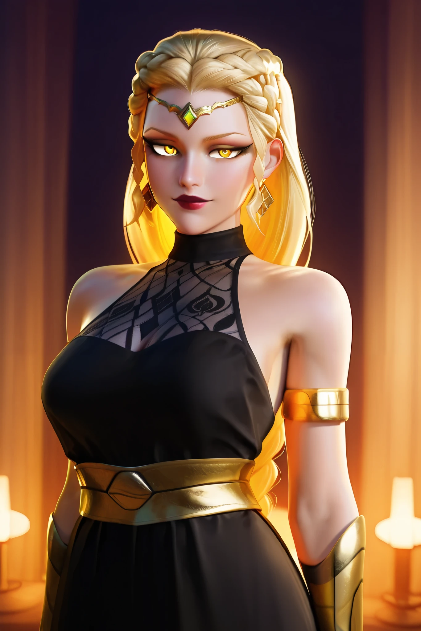 HDR, 8K, high contrast, masterpiece, best quality, amazing quality, very aesthetic, anime artstyle, realistic, hentai art, newest, (artist:incase:0.5), (artist:tsuaii:0.5) ,
BREAK
shiej007, bounce light, hyperdetailed, detailed hair strands, detailed fibers,
portrait, masterpiece, semi-realism,painterly, vivid colors,   3d, realistic, queen marika the eternal, 1girl, armlet, armpits, black background, black dress, blonde hair, braid, braided ponytail, breasts, circlet, cleavage, closed mouth, dress, gold armlet, gold circlet, hair over one eye, jewelry, large breasts, lips, long hair, looking at viewer, sleeveless, sleeveless dress, solo, very long hair, yellow eyes 