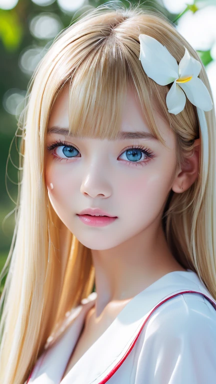 1 girl, The cutest girl、bright look、very messy blonde hair, Blond hair floating、Her bright, super long, straight blonde hair is dazzling with its golden shine.、very beautiful super long shiny blonde hair、very beautiful cute face、Sparkling Beautiful Skin、solo、super high quality、hard focus、film grain、ultra high resolution、masterpiece、Big eyes with sparkling lovely detailed crystal clear pale light blue、round face、small face beauty、Young shiny cheeks、Very beautiful long messy bangs over the eyes