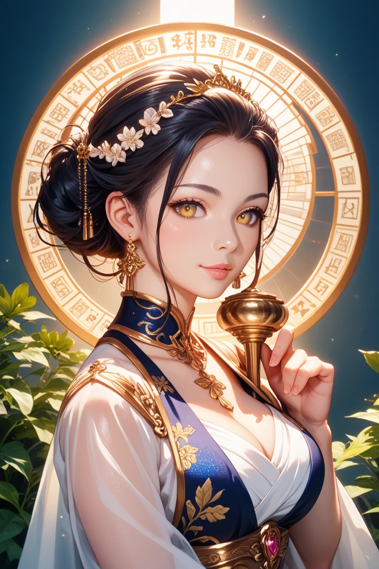 melhor qualidade, obra-prima, highres, (corpo requintado: 1.5), rosto lindo, (pele leitosa: 1.3), detalhes intrincados, alta resolução, papel de parede, 1menina, solo, vestido, ornamento de cabelo, (((vestido dourado e vermelho))), flores, cabelo longo, cabelo castanho, boca fechada, joias, mangas longas, hand up, mangas largas, um rosto mais detalhado,, olhos grandes, cabelo flutuante, roupas chinesas, hanfu, bordado, saia longa, pose natural, petals falling, interior, fanning, lanterna, 16K, HDR, highres, campo de profundidade, (grain of film: 1.1), boken, hora dourada, (lens flare), vinheta, rainbowart, (color classification: 1.5)