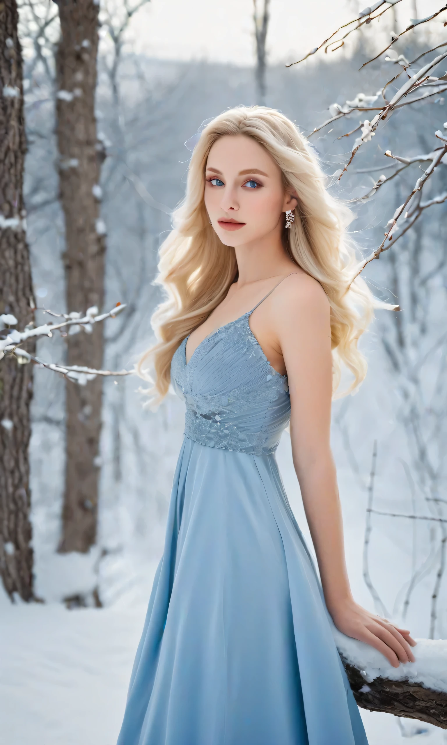 A busty beauty in an elegant blue dress standing in a beautiful snowy landscape. Her long blonde hair reflects the soft light of the snow, creating a dreamy atmosphere. She has clear skin, striking large eyes, and a modest smile. There are snow-covered trees in the background, creating a quiet winter beauty. The overall dreamy and mysterious atmosphere is emphasized.
---
If necessary, use this element to add details.