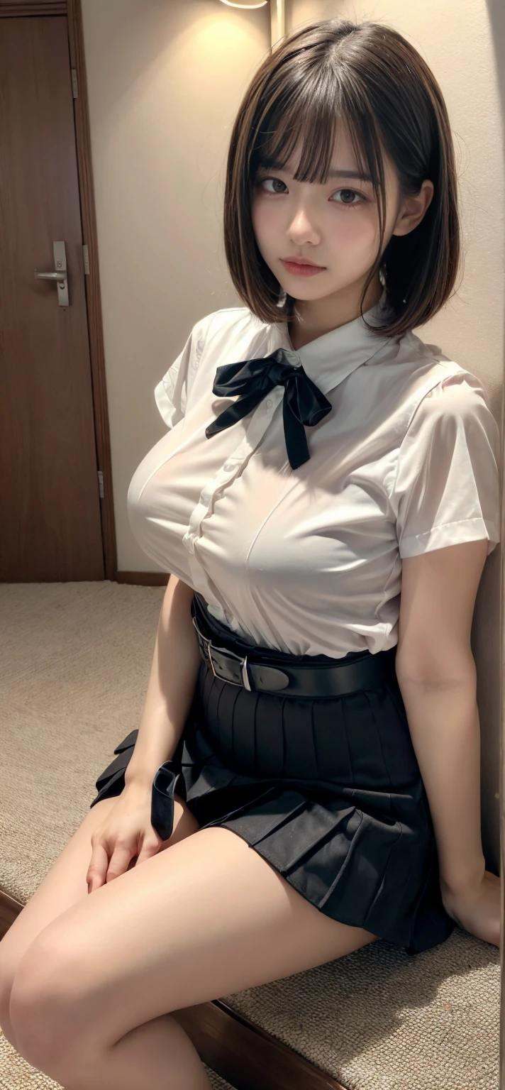 top-quality、Top image quality、masterpiece、fully body photo、18yo woman、Dark brown shorthair、bangss、((Schoolgirl Uniform))、 ((no-bra、Puffy nipple、))、soft boob、breasts of medium size,、Kamimei、 Shy laughter、school classrooms、sit a chair、Flip the skirt with your hands、Show panties、((Grasp your breasts with both hands over your clothes、open one's legs、Open both knees))