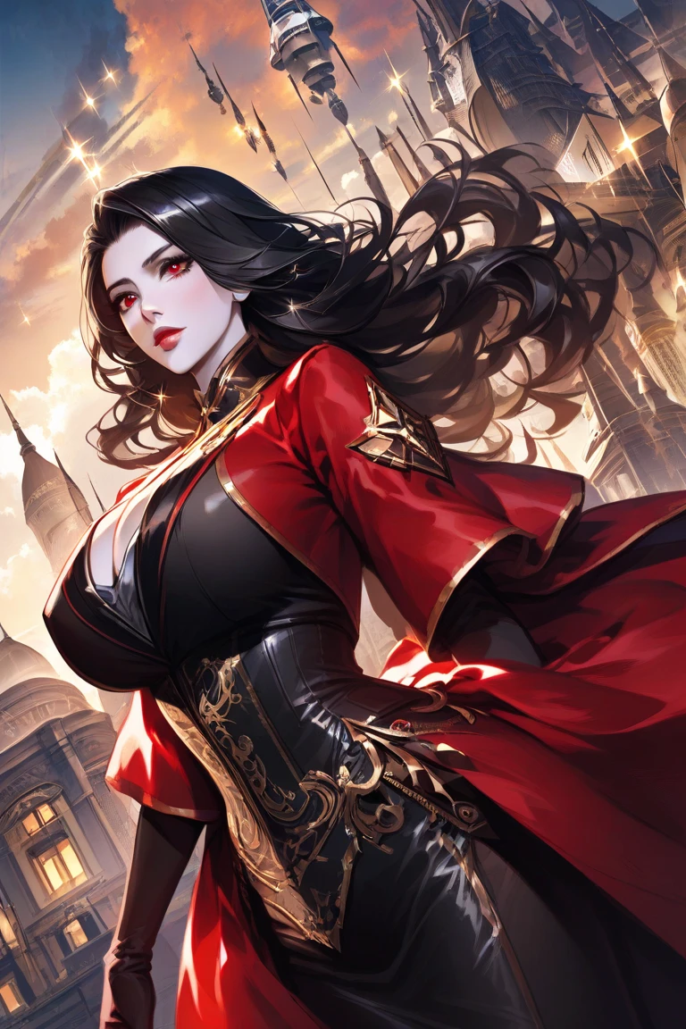 Beatiful female dark wizard standing in the ancient ruins under the red moon, she have long black hair with purple highlights, beatiful emerald eyes, dark red lipstick and same dark red eye shadows, dressed in sexy black robe with red vail and some golden mettalic parts, also she have rose flower tatoo on her body, (ultra high quality anime fantasy art, dafk fantasy style, masterpiece, ultra highquality character design, 8k quality anime art, realistic anime art, top quality wallpaper illustration, detailed ultra high quality acurate face, highquality design and acurate physic)