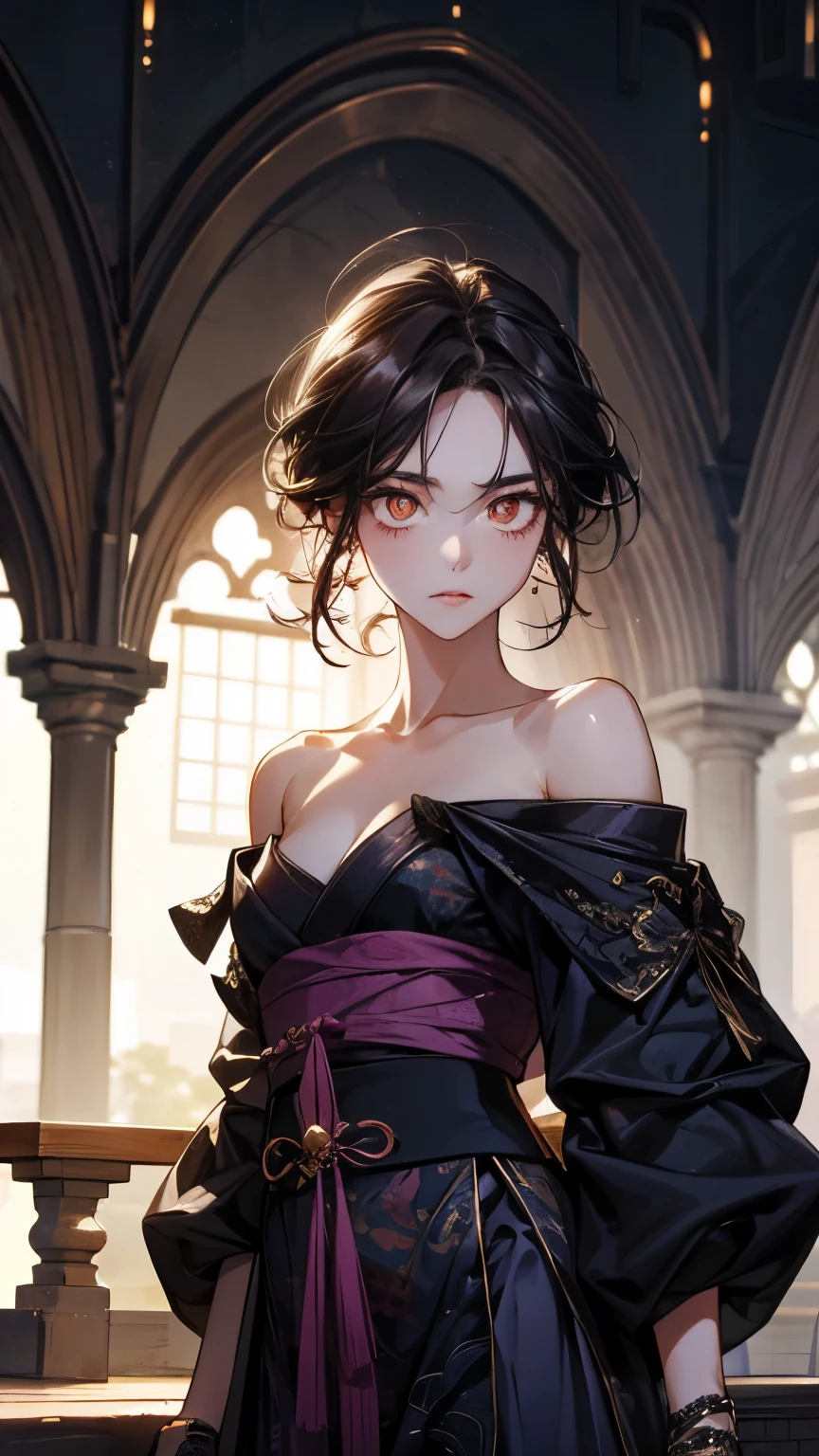 taisho period Japan woman, dark aesthetic, darkwave aesthetic, grunge aesthetic, eerie moorlands behind her, dark aesthetics, eerie thriller aesthetic, dark and moody aesthetic, ominous gothic aesthetic, goth aesthetic, gloomy style, medium length dirty brown hair, kimetsu no yaiba, wearing dark grunge gray clothes, really really short messy hair, gold accents. gold jewelry, gold dangly earrings, gold necklaces, gold bracelets, gold rings muscular, fancy, royalty, queen