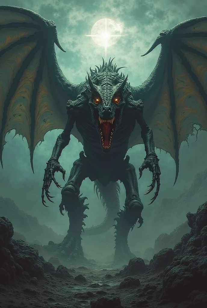 The image is anime style with shadows and dim lights, anime style although somewhat adult and dark, It shows a colossal snake made of shadows, floating above the sky among the clouds, Many red eyes appear on his body. On his head he has four red eyes on each side. and has wings also black like shadows, and irregular. She is facing a long-haired blonde female adult android who looks like a flea in front of her and who is flying beside her.