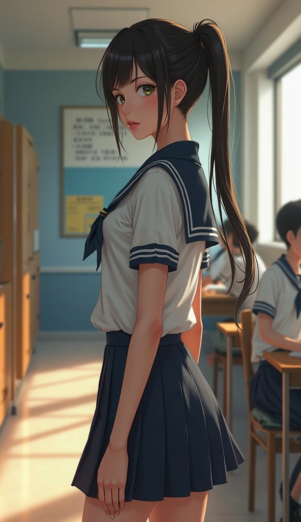 (((masterpiece, Highest quality, High resolution, 超High resolution, Pixel perfect, 4K, 美しいanime女性, animeキャラクター, ((Smooth texture, Realistic、anime)), Exact finger count、Exact number of legs, Daytime lighting, Perfect lighting, Best Shadow, The best natural light, Perfectly balanced style, Perfect body, whole body, ((Kitagawa.Marine)), Blonde、long hair、cute, ((A woman is sitting on a chair with her skirt rolled up, Exposing light blue panties)), ((Fashionable white shirt, Navy blue sailor collar, Sailor suit, Navy pleated mini skirt:1.3), (セクシーでcute水色のパンティ, Light blue panties with lace trim around the edges, Detailed folds in panties), (Shiny satin side-tie light blue panties), (Confused expression:1.3), (School classroom, The back of the chair is behind your back, During class), From directly behind, (Uniform and precise skirt length, The skirt is rolled up:1.2), (Close up of ass in panties:1.2)