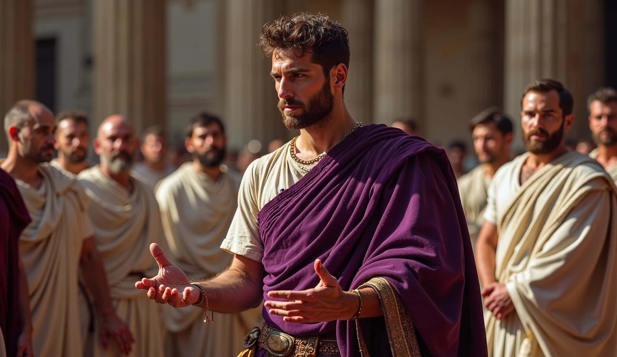 Arafed man in a purple robe standing in front of a group of men - SeaArt AI