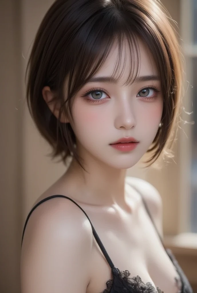 1 Female, 50 years old, Super detailed顔, Detailed lips, Detailed Eyes, double eyelid, Glowing Skin, Proudly, Very detailed, Super detailed, 超A high resolution, Esbian all over, (Photorealistic:1.4), (highest quality), (Best Shadow), detailed, Perfect lighting, Black-haired、Short-haired, (Huge boobs)