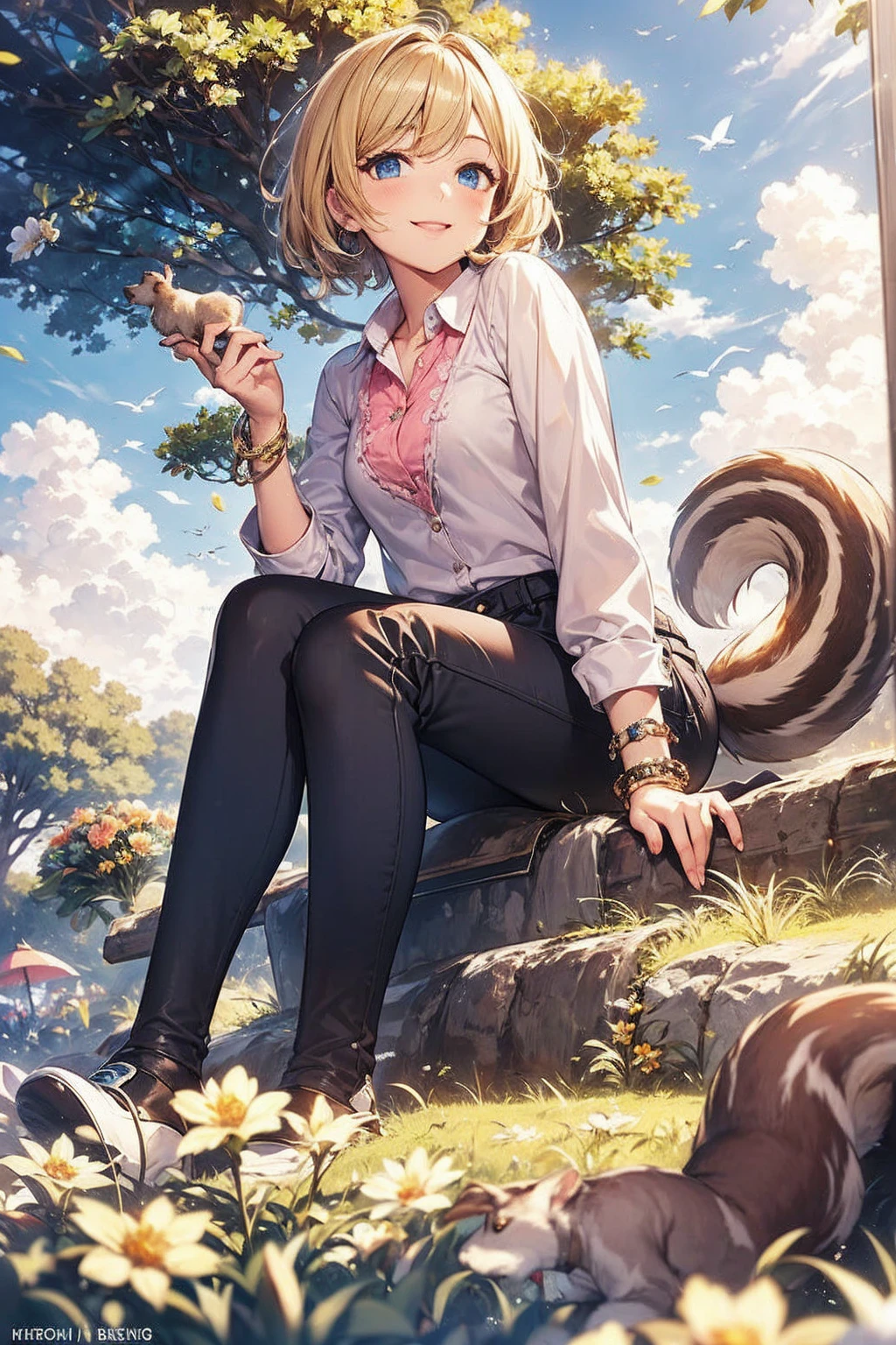 masterpiece,best quality,amazing quality, 1girl, large_breasts, mature_female, solo, open_eyes, Sitting, pretending to hold a small kitten, dutch_angle, Harlequin Jeans, ringlets, brown_eyes, buzz cut, Platinum Blonde hair, nature, close-up, <lora:Illustrous\yoongonji_IL:0.9>