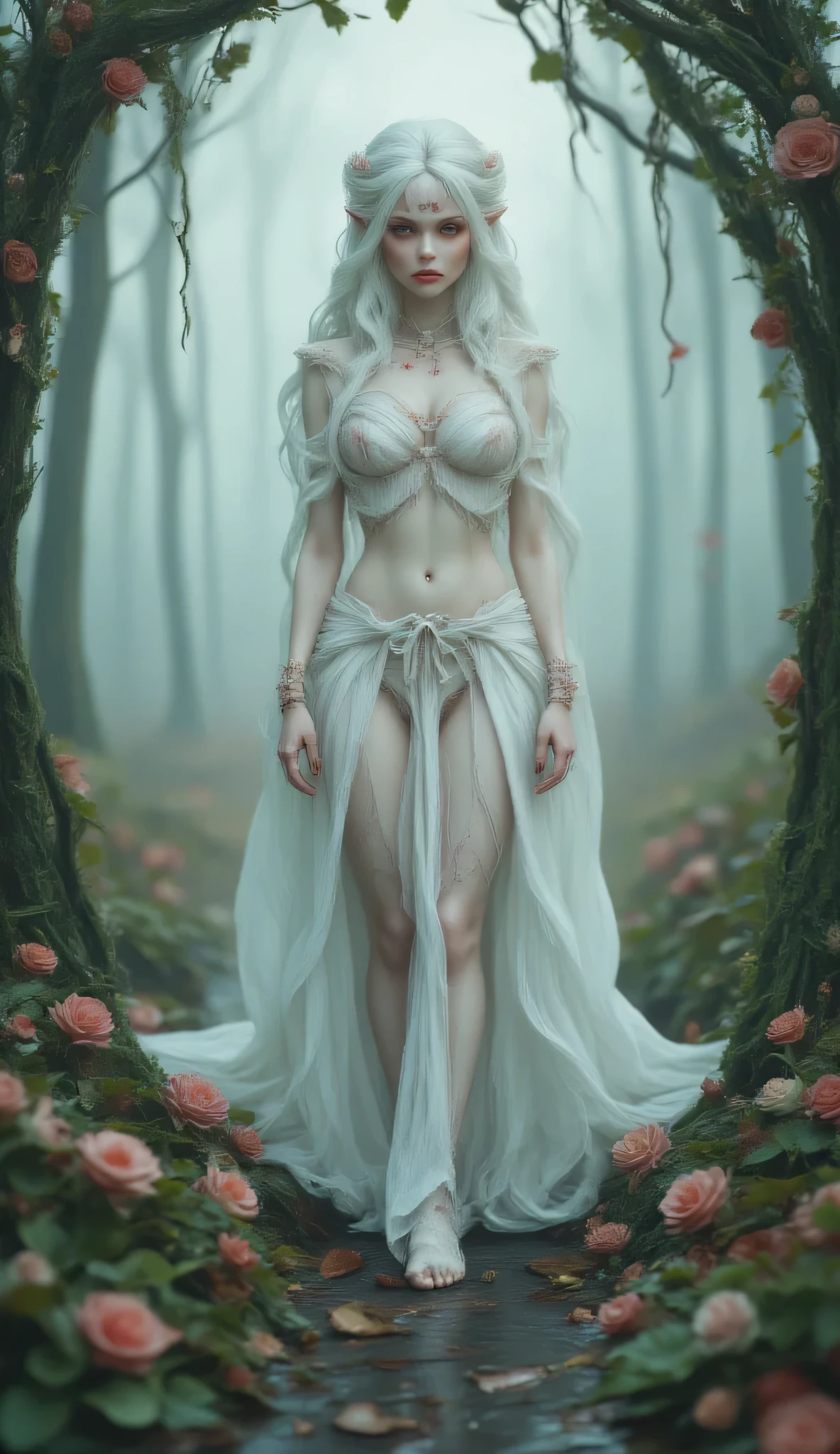 ghostly elf queen walking through lush forest showering her in blooms, red-skinned goblins dance and frolic around her, singing through their wicked yellow teeth for their queen, she is albino, deathly pale skin, blue veins and sickly, long silver hair, scowling, {{perfect anatomy:1.4}}, {{perfect breasts}}, she is stunningly beautiful and terrifying, {{{SFW:2.0}}}