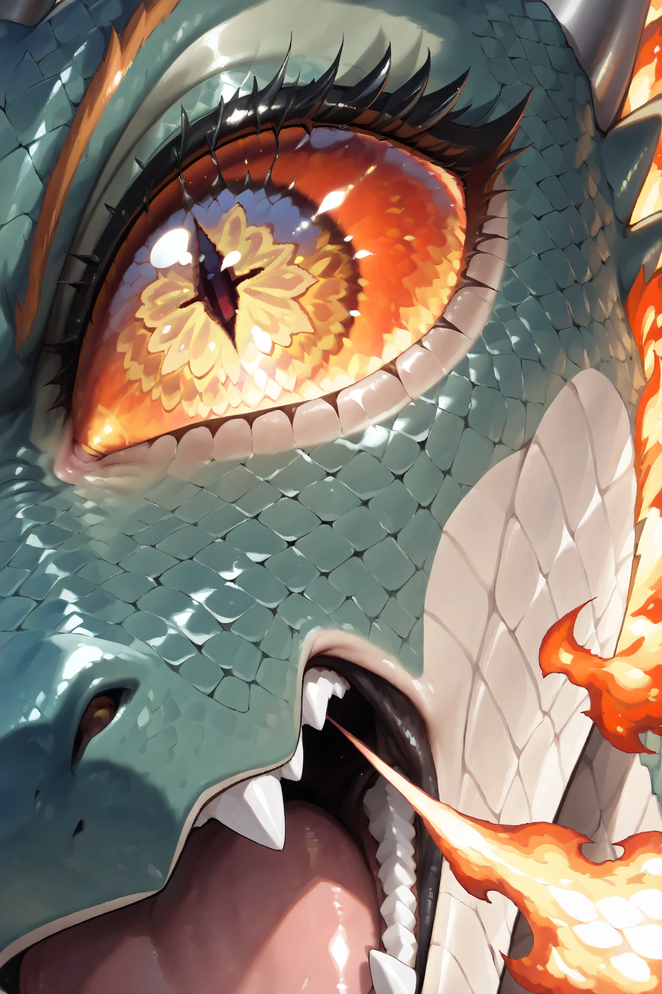 masterpiece,best quality,8k,(((fire-breathing:1.5 dragon))),(the fire reaches the viewer),details of eyes,((close-up dragon's eye:1.5)),the eye looks viewers,from below,((very angry)) expression of dragon's eye,open mouth,(snake scale skin and texture),dramatic light,strong contrast