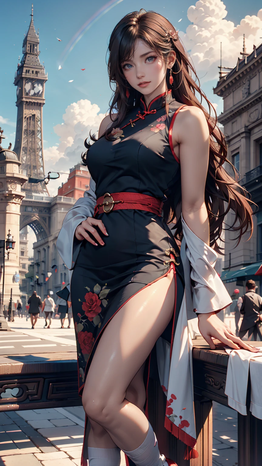 solo, girl, green eyes, long haircut, black hair, bare shoulder clothing, casual outfit, furry jacket, boots, diamond earrings, red lipstick, gold bracelet, outdoor, medieval, park town, morning day, full body version, full shot camera, (detailed background, detailed hair, detailed clothing), (Bleach style art), big breasts, sad eyes, smile mouth, standing gesture 
