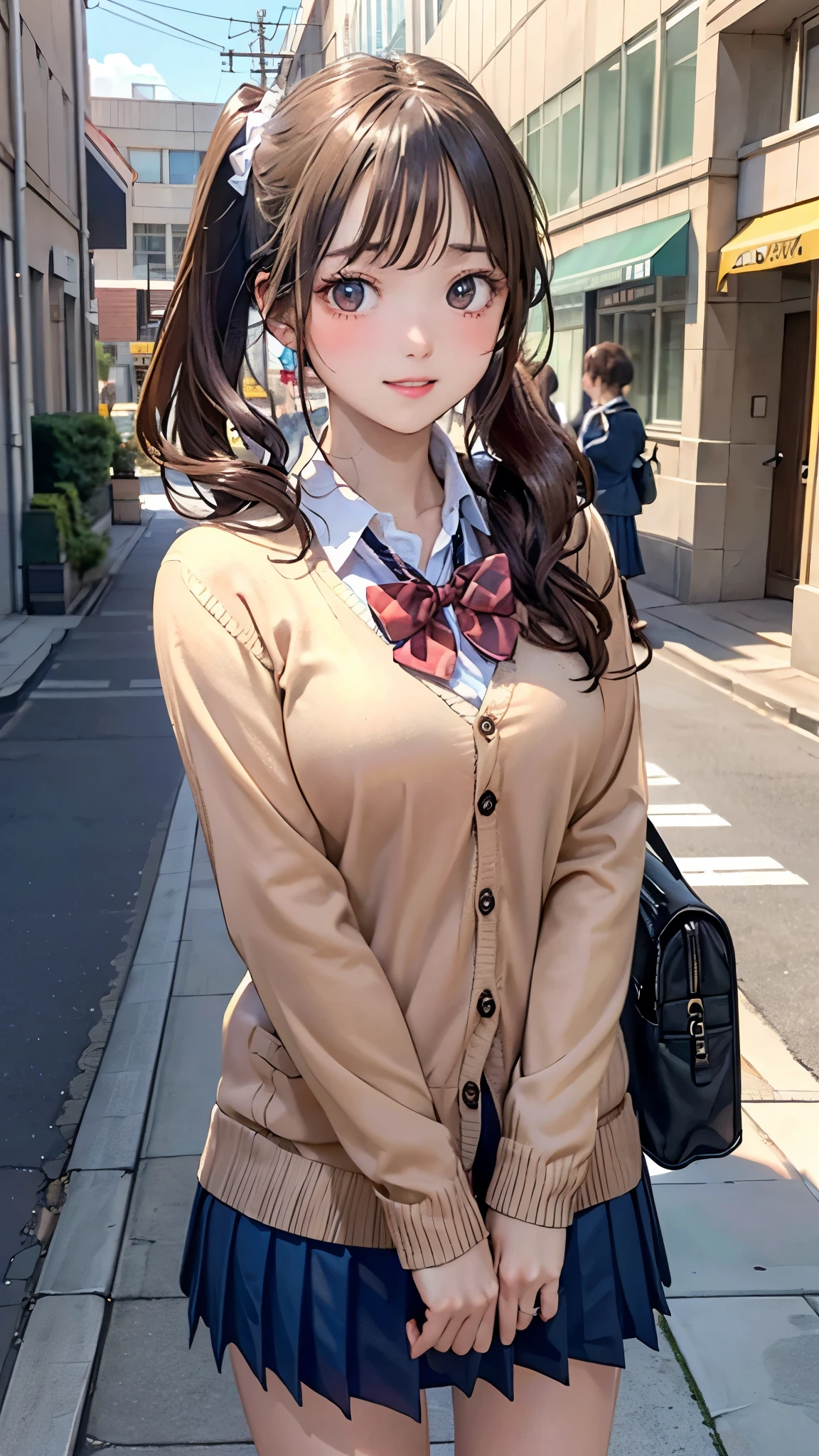 porn image.(from below:1.2),(1girl,ultra detailed skin,curvy,,beautiful breasts,large breasts,pale skin,pointy breasts,erect nipples),(Hyperrealist portrait,(8k),ultra-realistic,high detail,high resolution,best quality,masterpiece,Sense of presence,Dynamic,bold),(thin and soft hair:1.8),(straight hair),(Swept long bangs),(extra light coppery amber hair),(hair over one eye),(clothed:1.5,school uniform:1.5)