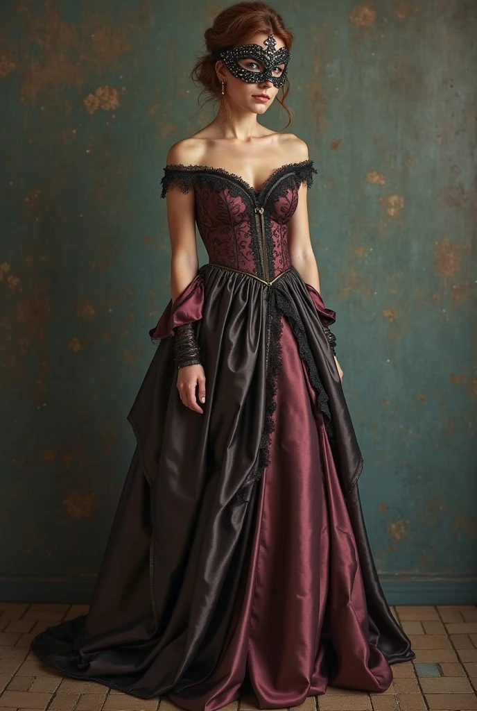 English woman, blonde, by the taken, about 30 years old, dressed as a young woman from the 1800s, thick lips. long french style dress, with lace and long sleeves in black and red tones. Great cleavage, big breasts and big butt. Sepia tone photo
