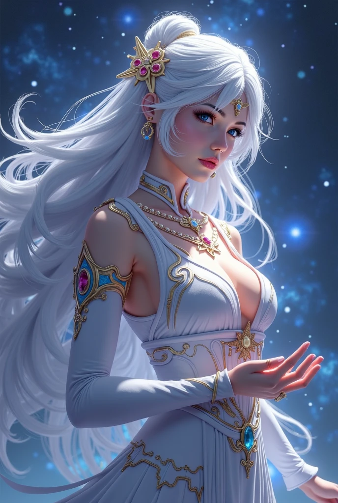 ((a close body portrait of an attractive beautiful goddess)), ((dressed in a long white dress with decorations of crystal light blue pieces of jewelry.)) she has blue crystal eyes and white long hair sliding straight down her back)), (capture her beauty looking and the ethereal grace of her surroundings, crystal color, white hair, wearing diamond crystal earrings), best lighting effects, high quality, best quality, sharp focus, hyperdetailed, 8K, vibrant colors