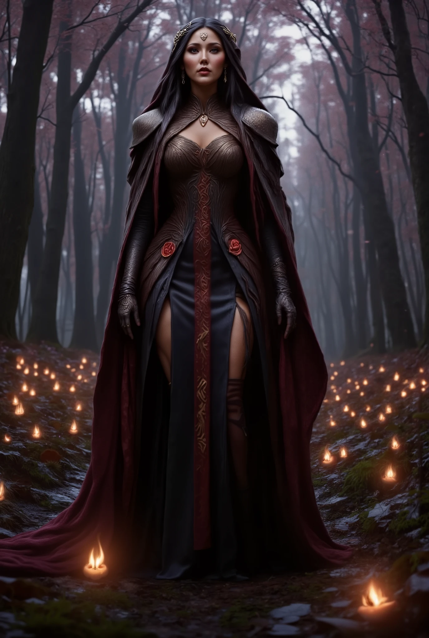 elf queen walking through moonlit forest, she is stunningly beautiful, she has long black hair, and gazes at her viewer with haughty disdain, {{perfect anatomy:1.4}}, her gown is black with {{glowing red runes and roses}}, she carries no weapons for she is the most powerful creature in the forest, the trees are blossoming, the forest thriving in her presence, showering her in blooms, her loyal subjects, the red goblins, dance and frolic around her, they have long ears, wicked yellow teeth, celebrating her, for she is their queen
