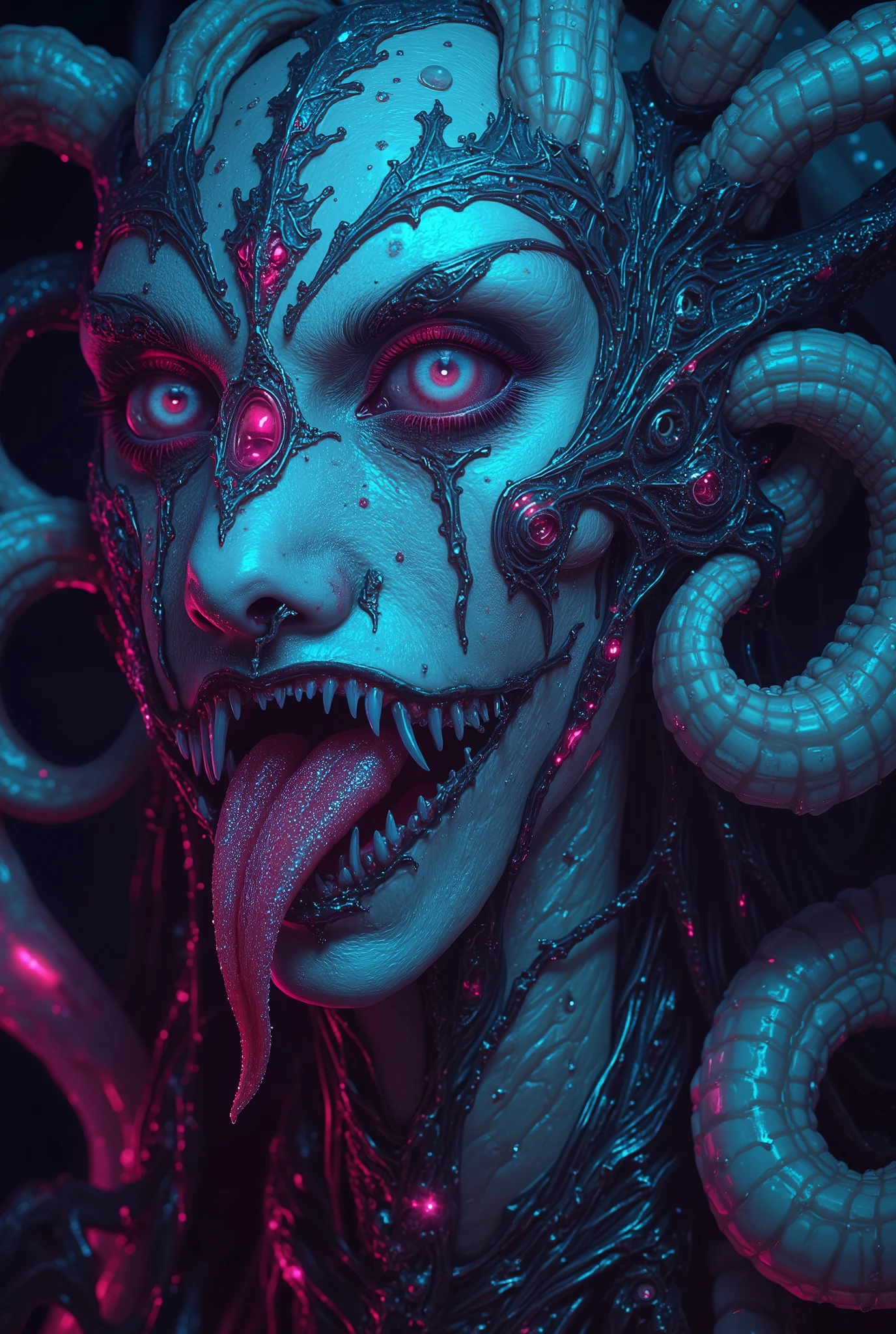 (beautiful girl face:1.45), megan fox as a vampiric muscular red carnage, (mouth wide open with tongue out:1.25), (red carnage anatomic muscular bio-mecha muscle suit:1.25), (body totally covered in muscles, veins, tendons), (perfect muscular anatomy),