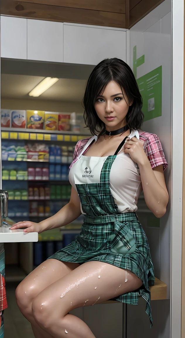 (masterpiece:1.2, highest quality), (realistic, photorealistic:1.4), beautiful illustrations, looking at the viewer, whole body, Front view:0.6, 1 female, Japanese,black hair, blown hair, bangs, hair between eyes, big breasts:0.8, beautiful hair, beautiful face, beautiful and detailed eyes, (black eye:1.3), beautiful clavicle, beautiful body, beautiful breasts, beautiful thighs, beautiful feet, beautiful fingers, (beautiful scenery), ((Inside a convenience store)), ((Short sleeve shirt with collar, Green Plaid Pleated Skirt)), (black apron:1.3), white panties, (Sit at the counter, lift the skirt, Grab the hem of the skirt, put your hand on your chest, hand between legs), (glare at the viewer while blushing:1.3)((My thighs are wet and shiny with Sweat))open both legs、((Sweat, ))My whole body is glistening with Sweat、