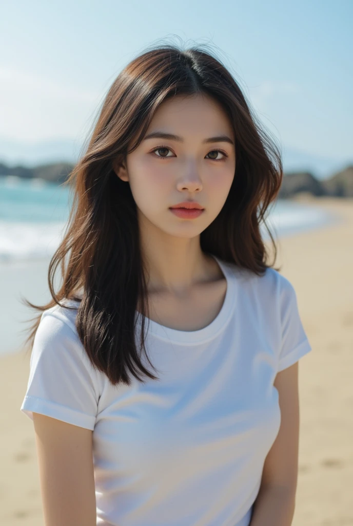 best quality,masterpiece,ultra high resolution,(actual:1.4),original photo,ultra high definition,8k,A perfect young female,in the dark,High picture quality,Black hair,Long hair flowing over the shoulders,Beach wave hairstyle,oversize t-shirt and short , Hydrated red lips,Real Human,CG rendering