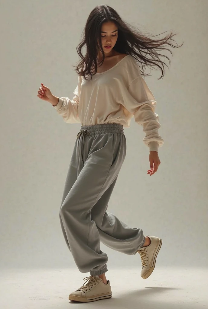 Realistic girl with dark hair in grey oversized sweatpants, transparent tight longsleeve, dances in sneakers