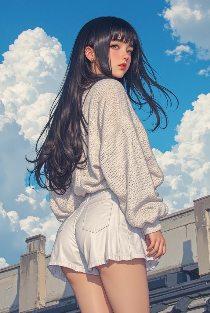 Girl, tight robes, legs, curvy, serious, ((best quality)), (masterpiece), Blue hair length to the middle of the back, with a necklace and a blue and white dress, a halo of water above the head, nsfw, intricate, highres, modeling, (wind shaking their clothes and hair), wet skin