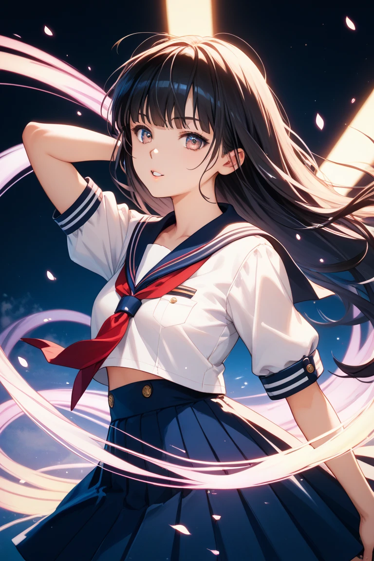 Watercolor painting ultra high detail highest resolution Enlarged Colorful Cute Pulling up the skirt with both hands Teen Beautiful girl with dark brown hair High school student Sailor suit Long hair Smiling fearlessly All black Neat drawing Stars in the galaxy Prism High resolution White panty shorts Lower body underwear Lingerie Close range