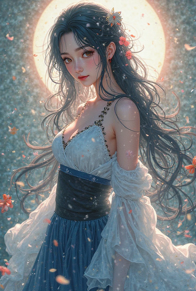 Super high quality, masterpiece, perfect illustration, extreme detail (exquisite light and shadow, highly dramatic picture,) Stroke, 1 girl, solo, (wearing red, black and white Hanfu,) flower field, flowers, (white smoke:1.3) (Realistic:1.4), Zen entanglement, tangled, official art, Unity 8k wallpaper, super detailed, beautiful and beautiful, masterpiece, best quality, (dynamic angle: 1.4), glowing skin, (floating colorful flashes: 1) the most beautiful chaotic forms, elegant, brutalist design, Bright colors, romantic depth of field exotic_dance, half_naked