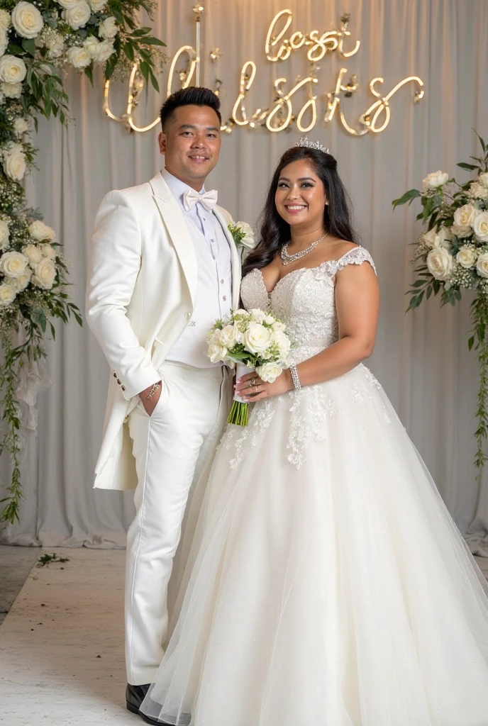 The girlfriend and the boyfriend posing for a photo in front of a white building, wedding photo, in front of a white background, couple portrait, The girlfriend and the boyfriend, couple portraits, Happy couple, wedding photography, adorable couple, professional wedding photography, Tomada con Canon 5D MK4, couple pose, wedding, photo taken with nikon d750