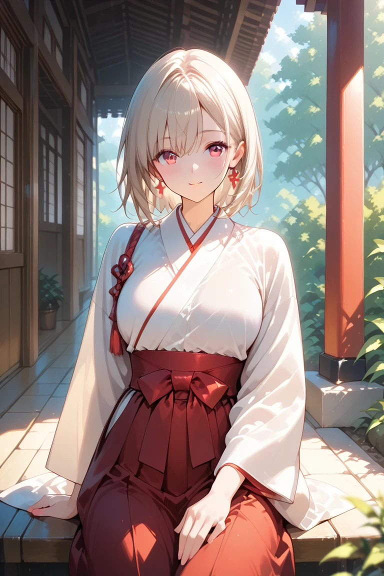 ultra-detailed, (highest quality, 8K, masterpiece, HDR, Ultra-detailed:1.2), porch of a Japanese house, [pink hair:silver hair:0.5], low ponytail, ahoge, Tied Hair, break, printed kimono, break, small , arms behind head, Green Aqua Eyes, looking down, genial smile, break, Earrings, Cowboy Shot, alone