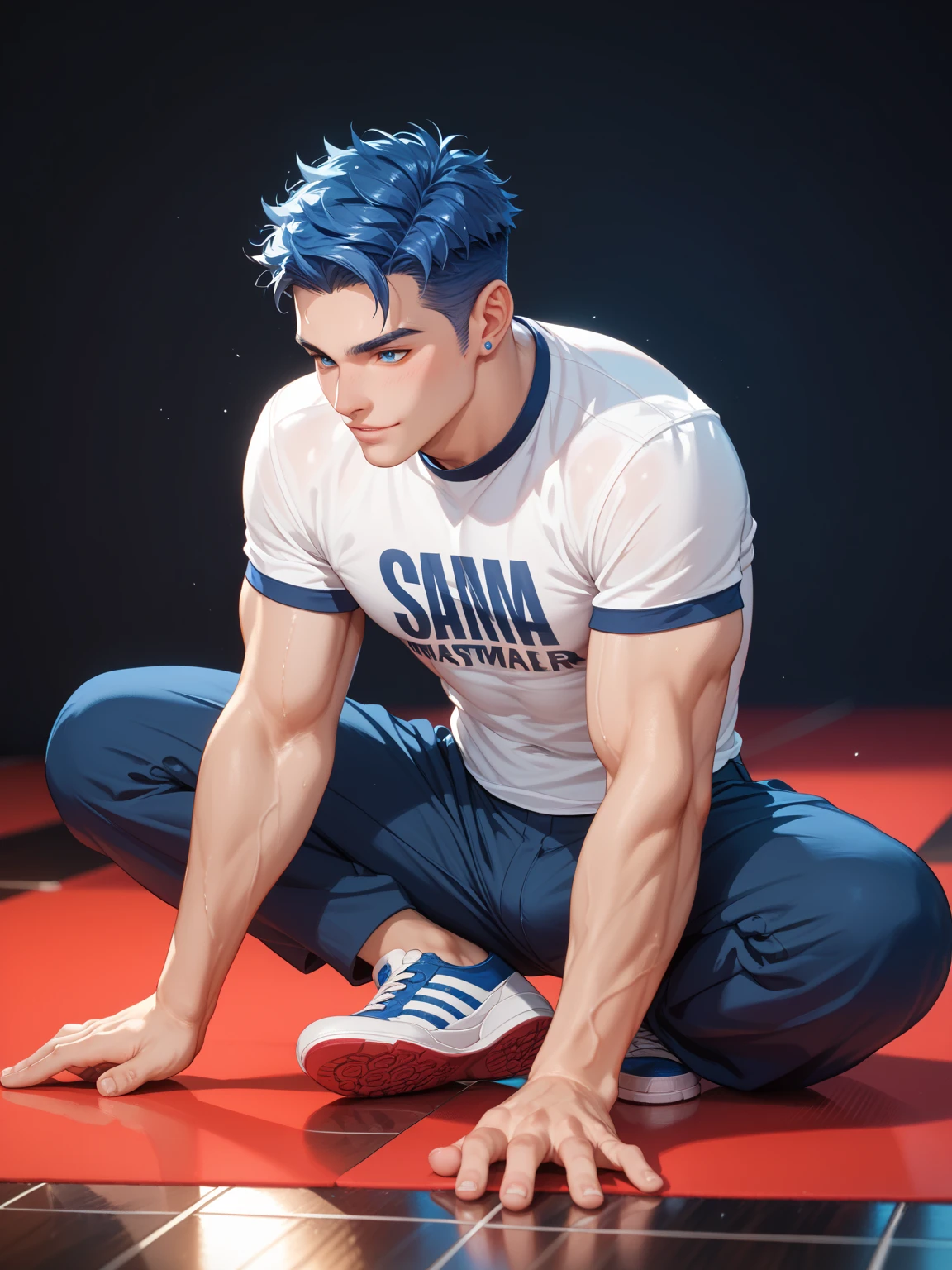 Blue Hair,Red eyes,Red Eyes,Sweat,Abdominal muscles,boy,cute,Sweat,Cute face,,男子,tears