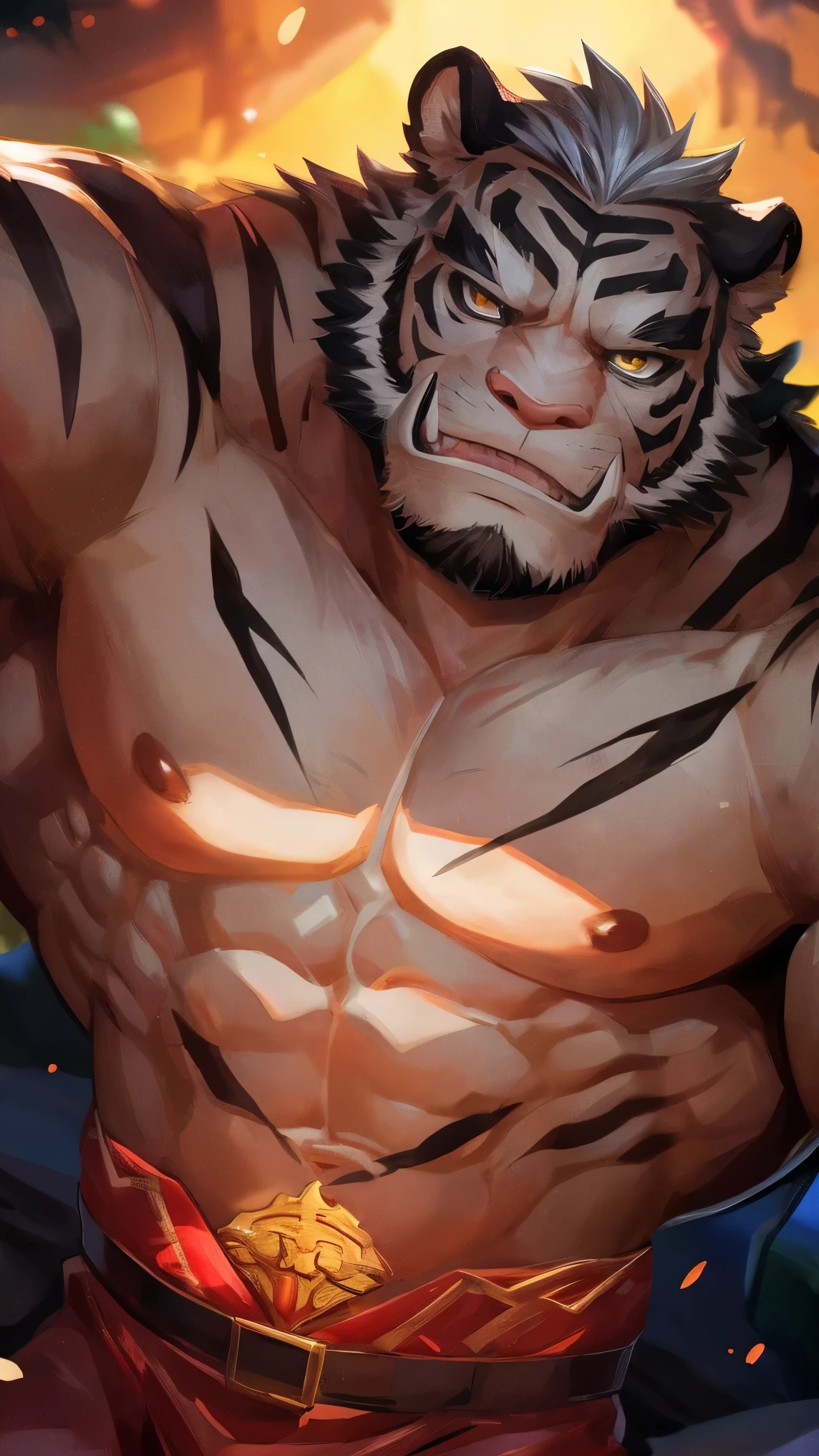 (afternoon), 1volibear, solo, fall,肌肉男,beard,middle-aged,white fundoshi,close-up,stud earrings,nipple ring,sweat,majestic,brutal,confident,strong,枫叶,correct hands,fallen leaves full body,good doggy,blush sticker,(worm's eye view)