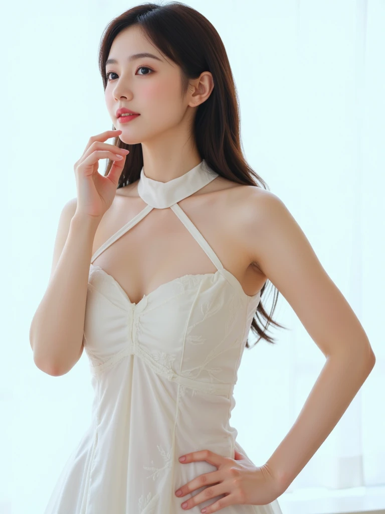 8K, masutepiece, Raw photo, Best Quality, Photorealistic, Highly detailed CG Unity 8k wallpaper, depth of fields, Cinematic Light, Lens Flare, Ray tracing, (Extremely beautiful face, Beautiful lips, Beautiful eyes), intricate detail face, ((Ultra detailed skin)) 1girl in, In the Dark, deepshadow, Pretty Korean girl, Kpop Idol, 1 girl, (Very slim and slender fit muscular body:1.3), ((Looking at Viewer)),(Big smile:1.3), (Midnight, a dark night, (Neon sign), (Blurred background), Dim light), (No people in the background:1.3), Beautiful earrings, Bracelets, Necklace, pantyhose, Clear eyes, Walking , Front shot, (pale skin), (Big eyes), Face forward, (Full body shot), (Brown hairs), open navel, (Looking at Viewer:1.3), Very slim, medium breasts, (Camel toe), thick thighs, turn back, (fluttering mini dress), ((White Collar Dresses)), (Tight skirt), ((backtrack, Back shot)), Ultra mini skirt, exposed ass, upper Shot