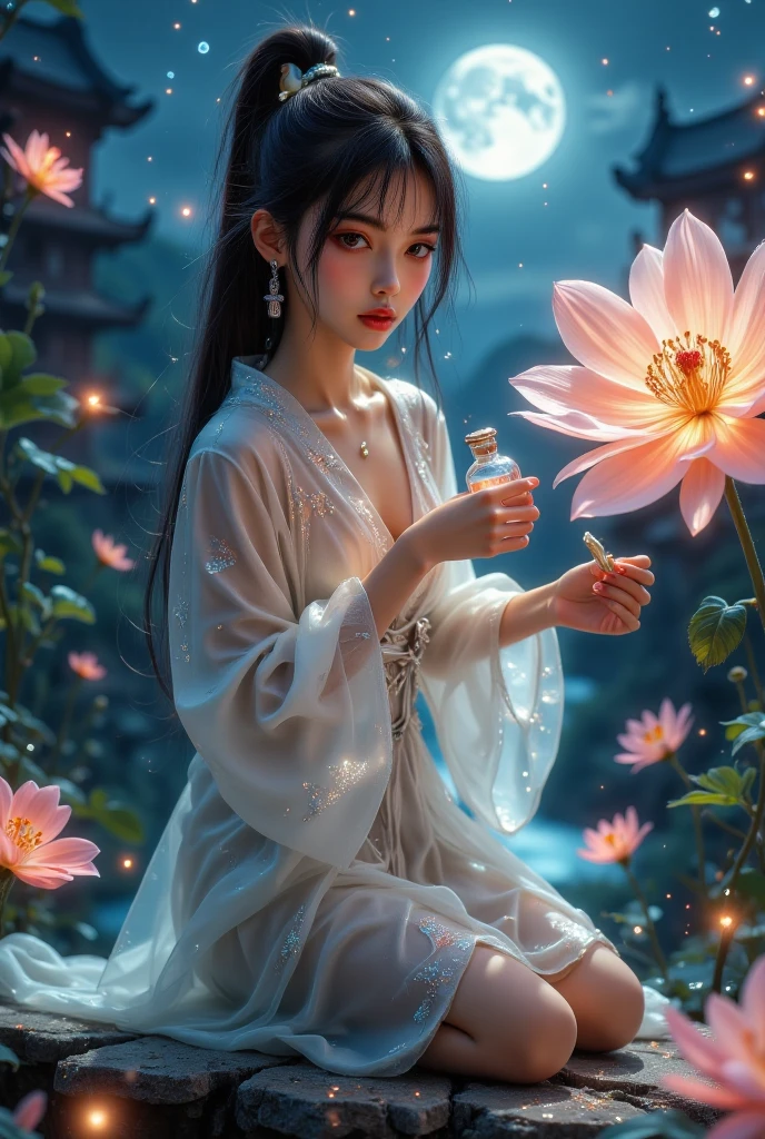 (RAW shooting, 32k:1.5, highest quality, masterpiece, Ultra-high resolution), (Night outdoors, Dramatic moonlight:0.9, Mysterious World:1.2, Expressions of sadness:1.0), Side Shot, Fractal Art:1.3, Perfect dynamic composition:1.3, Very detailedな肌と顔の質感:1.3, Dynamic flow of water waves:1.3, Dynamic air flow:1.3, The subject is observed from a distance, elegant and sophisticated:0.5, Fair skin, Incredibly slim body:0.9, Very beautiful face, Water droplets on the skin, (Yoga Wear:1.3, Zazen pose 1.3, Meditation pose:1.3), Very accurate, Very detailed, Big eyes that exude beauty, Beautiful lips, Unreal atmosphere, Earrings, bracelet