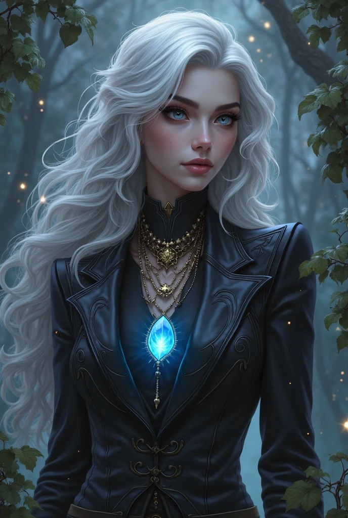 (CG quality of real details, beautiful facial expression), witch sexy and charming, reflected in the cumbersome decoration on the black tunic, deliberately depicted tattoos on the arms to interpret the unique charm, flowing black hair under a pair of gentle blue eyes like the morning sun, skin looming like silver powder, with a confident smile and dazzling necklace, exuding the breath of a spirit that makes people fall for it, (mysterious magic background), high saturation color scheme strengthens the sense of fantasy and magic.