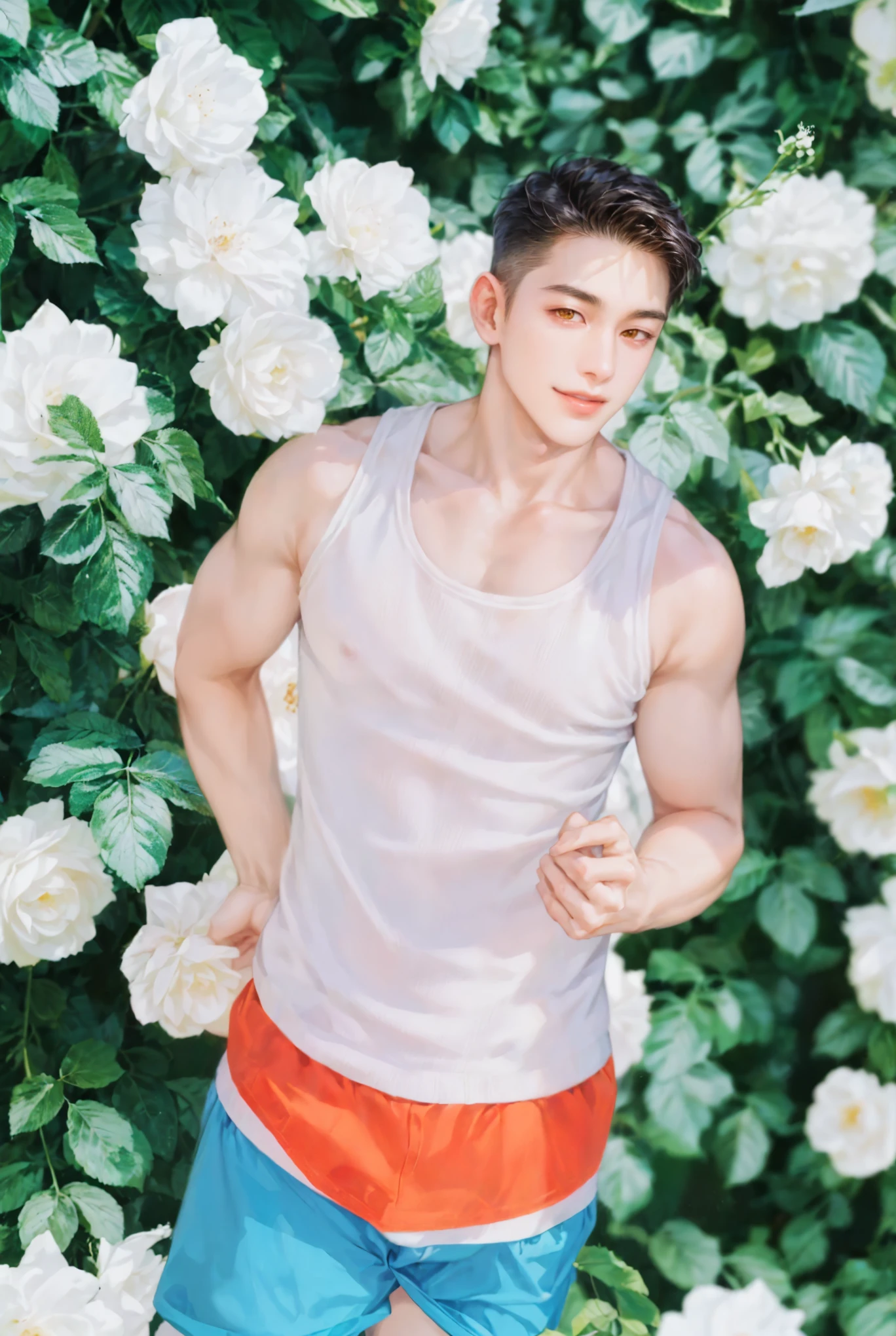 Beautiful мальчик., sitting on big purple ones, red, yellow, blue, white balls, big white balls between the legs, hugging big white balls, Popping big white balls, white speedos, silver hair, shirtless, push the balls, slender body, slender body, excellent chest and arm muscles. athletic body, Beautiful, , a , young, Boyish, Cute, Photo, Realistic, Soft daylight, in the flower garden, bright flowers, bright background
