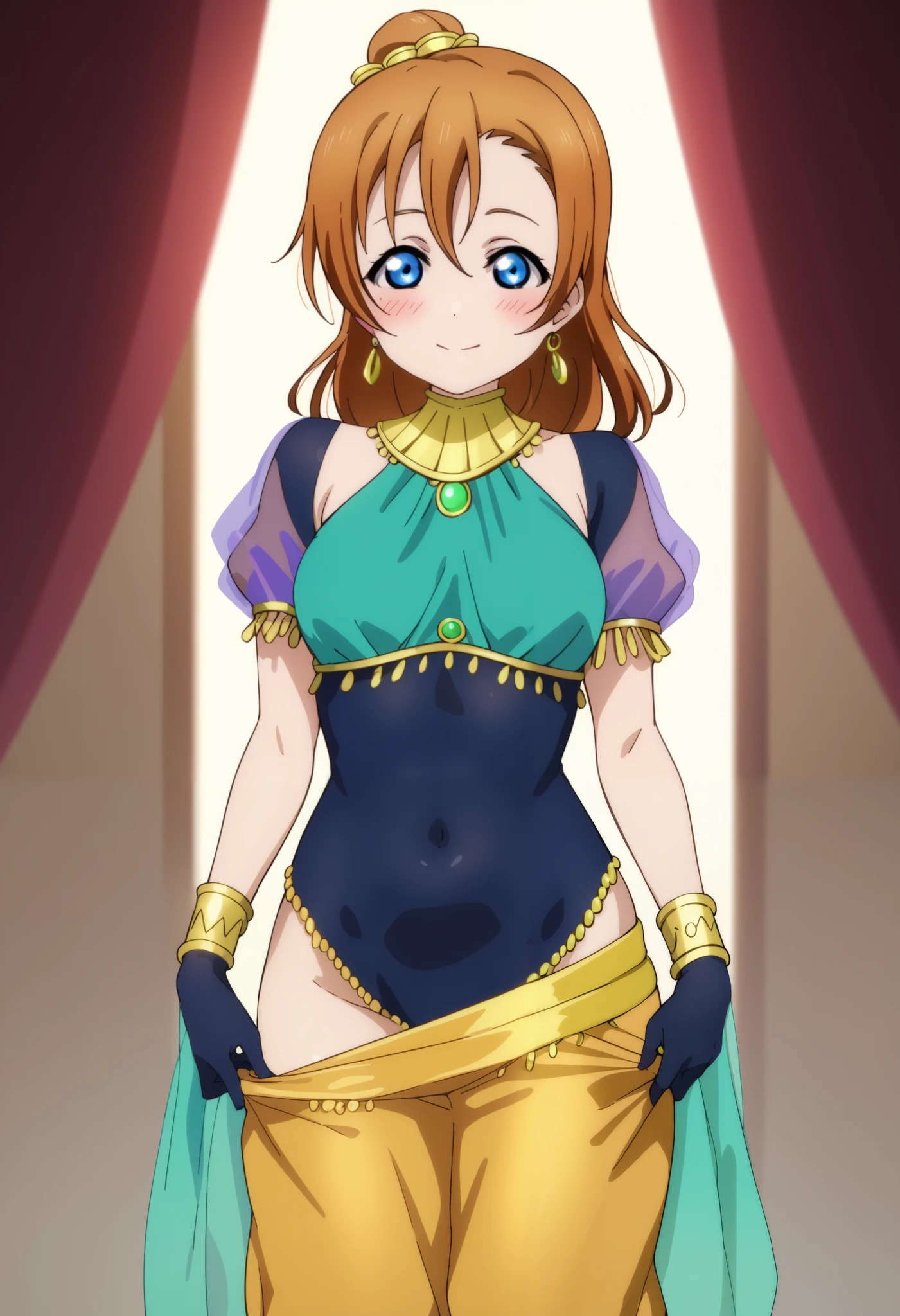 anime style, love live,kousaka honoka , love live, blue eyes, orange hair,earrings, (blushing) , standing, gentle expression. Wearing Arabian style clothes, green veil with golden ends, purple blouse, black bodysuit under clothes,green puffy sleeves golden cuff bracelet, gloves,golden skirt, seductive undressing , happy,see through Face cover, looking at viewer,covered navel,hip vent, breasts,pants pulled down, stripping, nudity