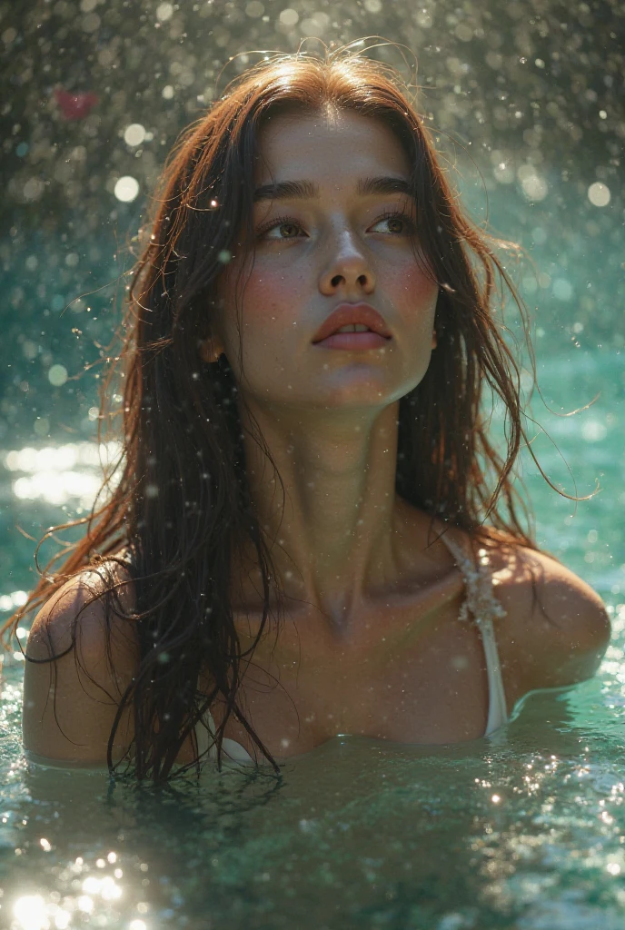 a young woman in a white micro bikini floats underwater, ansicht von hinten, gespreizte Beine, Meer, Korallenriff, fische, lichtstrahlen von oben, spaltung, unter wasser ,Meisterwerk, Goddess, brown long hairs