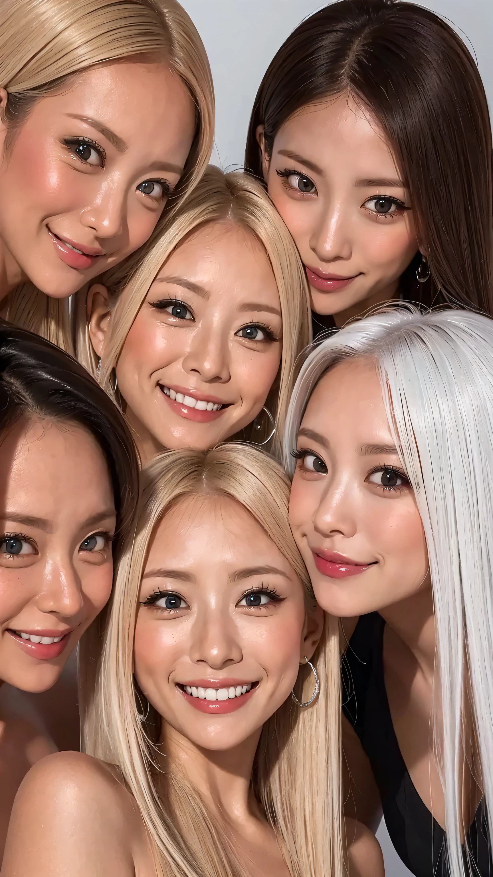 8k,high image quality、 very smiling、 has a clear face、 has a clear face 、I want to make each part beautiful、smile close-up ultra clear 、 eyes match 、staring at me、 I'm looking at close-ups。My Face 、 すべての eyes match、 、I want to get close to beautiful women nearby 、 ,Look at me with a smile , beautiful platinum colored hair 、 pose 、 4 beautiful women looking at me、 I'm watching in close-up、I want to make eye contact with everyone, my lips are sticking out