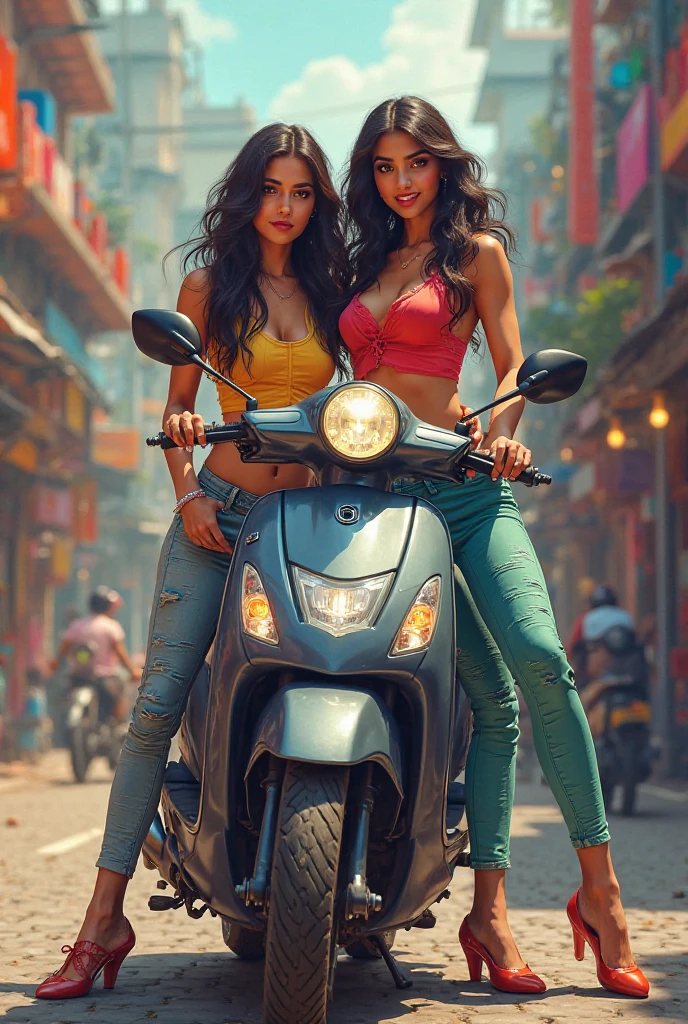 Girl, sexy, Pakistani, minimum clothing, panties visible. Big breasts with bra, biker girl, pink helmet, two girls stand next to a motorcycle, show thumbs up, like