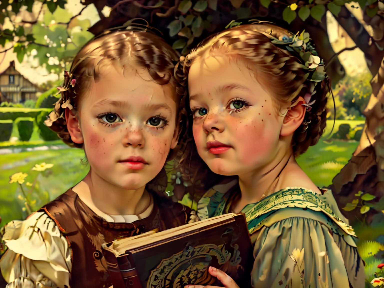 classic retro ren story book drawing, boy and girl playing, a green garden, the theme is like a wooden coloured picture