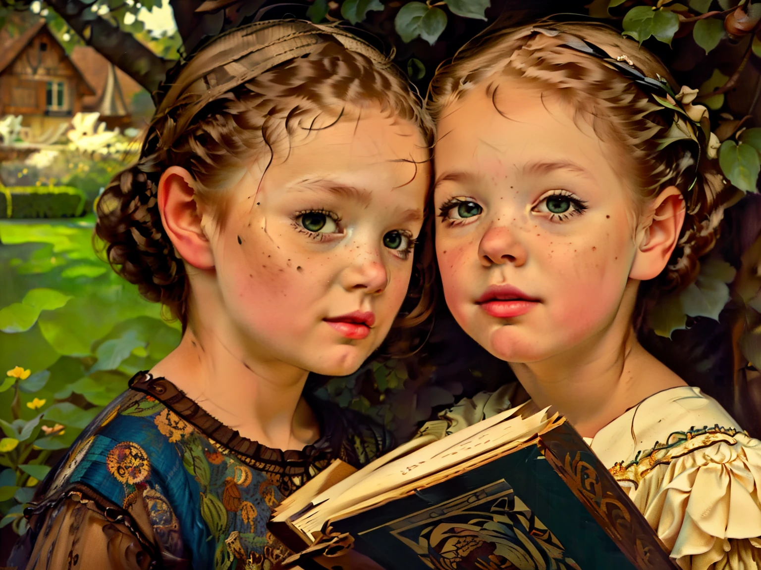 classic retro ren story book drawing, boy and girl playing, a green garden, the theme is like a wooden coloured picture