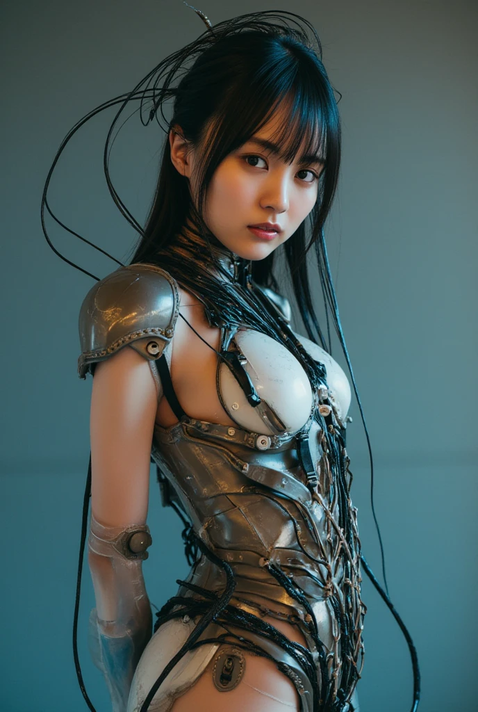 top-quality、masterpiece、超A high resolution、(Photorealsitic:1.4)、Raw photo、女の子1人、Black hair、glowy skin、Sexy Cyberpunk Girl、((super realistic details))、portlate、Global Illumination、Shadow、octan render、in 8K、ultrasharp、hugetits、hugetits、((perfect chest:1.4))、((Very soft breasts))、hyperdetailed face、Raw skin is exposed in cleavage、Details of complex ornaments、Gothloli details、Glass Parts、Glass Tube、Glass cover、Fiberglass、Luminous tube、Nixie Kan、vacuum tubes、Analog Meter、highly intricate detail、Realistic light、CGSoation Trends、a purple eye、radiant eyes、Facing the camera、neon details、Mechanical limbs、blood vessels connected to tubes、Mechanical vertebrae attached to the back、mechanical cervical attaching to neck、sitting on、Wires and cables connecting to the head、Small LED lamp、Cyberpunk Hotel、